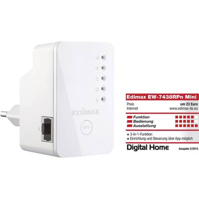 Ein Edimax EW-7438RPn Mini WLAN-Repeater-Stecker. Anzeigen für Signalstärke und WPS-Taste. Neben ihm ein Bewertungssiegel von 'Digital Home', Ausgabe 2/2015.