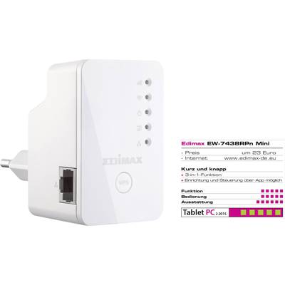 Weißer Edimax Wi-Fi-Repeater. Auf den Seiten befinden sich LED-Anzeigen. Preis ca. 23 Euro. Link zur Website edimax-de.eu.