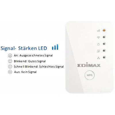 'Edimax' Wi-Fi-Verstärker mit Signalstärken-LEDs: aus = kein Signal, schnell blinkend = schlechtes, blinkend = gutes, an = ausgezeichnetes Signal.