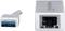 USB-zu-Ethernet-Adapter: Links USB-Stecker, rechts Ethernet-Buchse. Verbindungslösung für Geräte ohne Ethernet-Port.