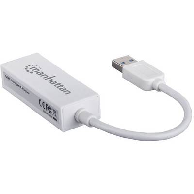USB 3.0 Gigabit-Adapter von Manhattan, weißes Gehäuse, mit kurzem Kabel und USB-Anschluss.