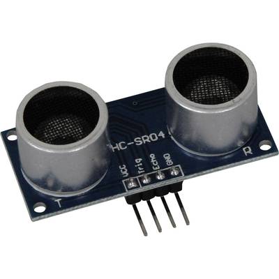 Ultraschallsensor-Modul HC-SR04 mit zwei runden Wandlern und vier Stiftleisten, verwendet zur Abstandsmessung.