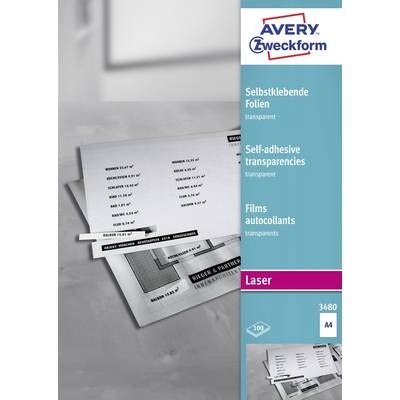 Bürobedarfverpackung für selbstklebende transparente Folien. Enthält Details zu Produktenummer, Größe und Typ. Marke Avery Zweckform.