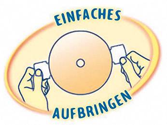 Zwei Hände halten ein Pflaster um eine runde Wunde, umgeben von den Worten 'Einfaches Aufbringen'.