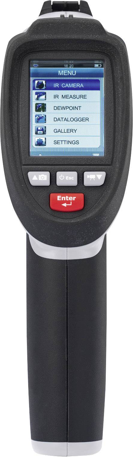 Ein tragbares Infrarot-Thermometer mit Bildschirm zeigt Menüpunkte: 'IR-Kamera', 'IR-Messung', 'Taupunkt', 'Datenlogger', 'Galerie', 'Einstellungen'.