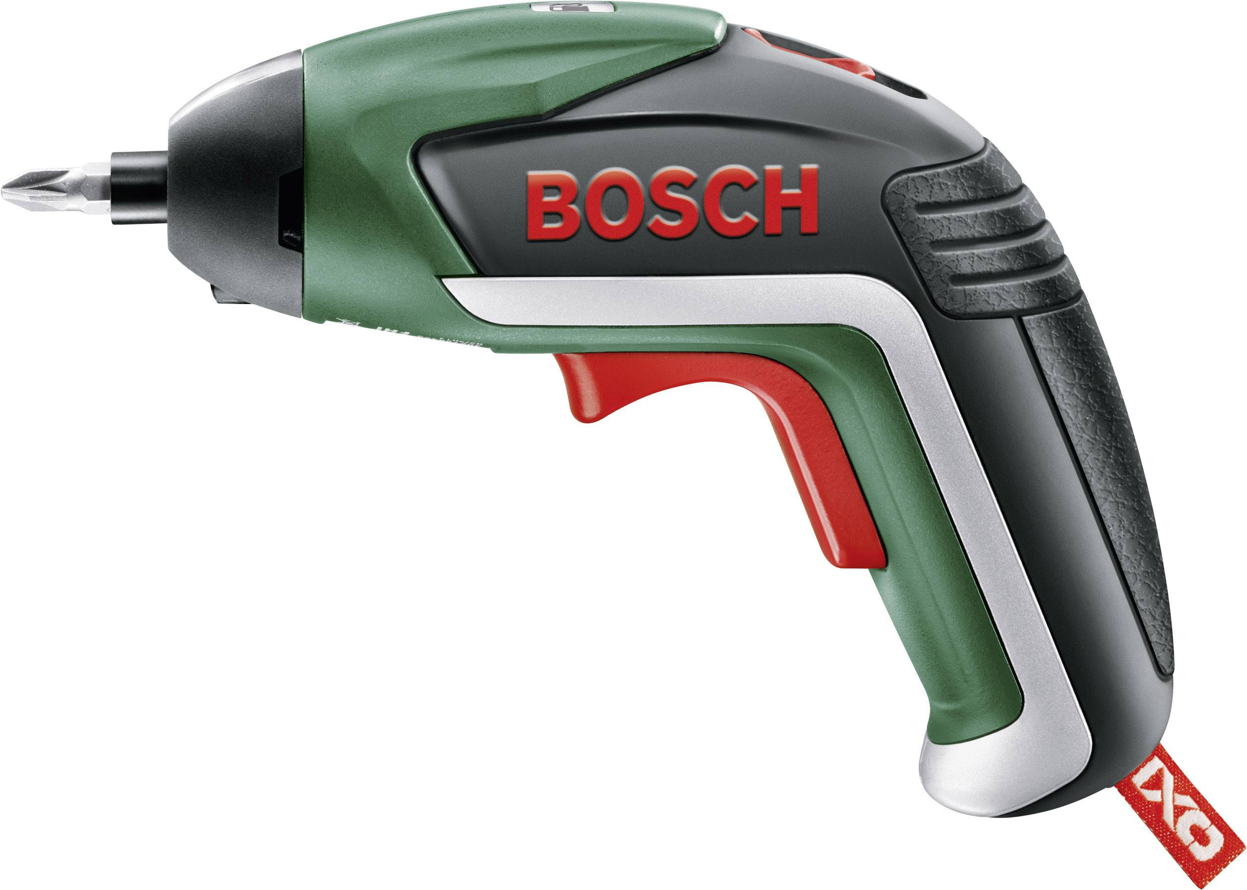 Akkuschrauber in der Seitenansicht. Grüne und schwarze Gestaltung mit rotem 'Bosch'-Logo auf der Seite. Schraubendrehereinsatz vorne.