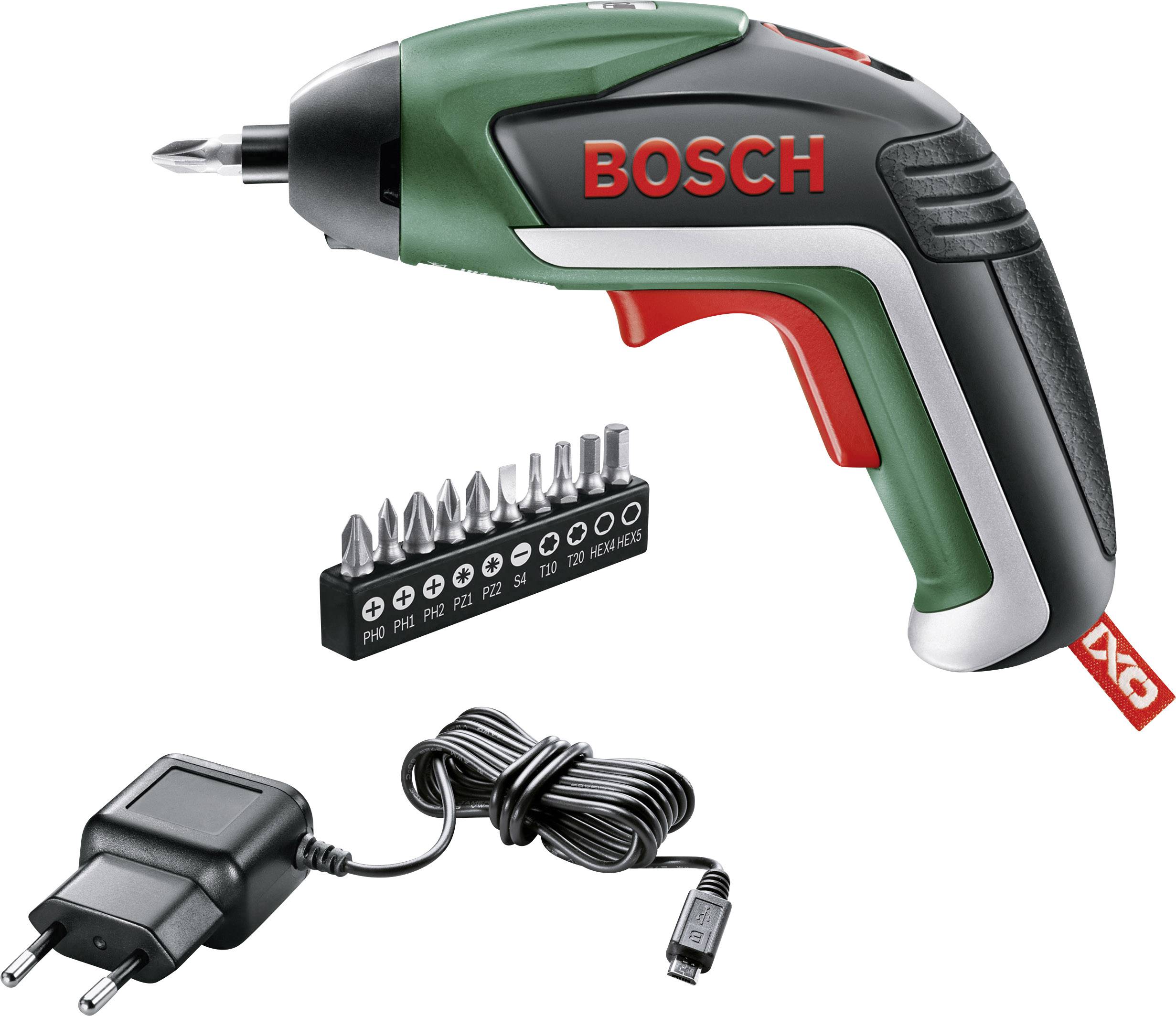 Elektrischer Schraubendreher von Bosch mit sieben Bits und Ladegerät. Hauptsächlich für Heimwerkerarbeiten geeignet.