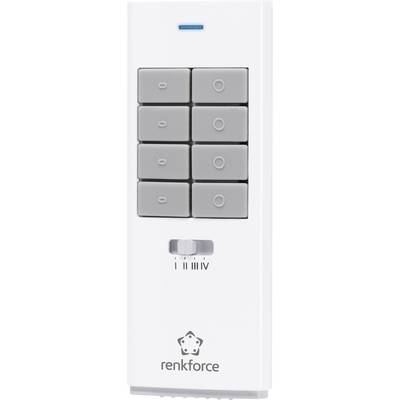 Weiße Fernbedienung mit sechs grauen Tasten, einem blauen Indikator oben und einem Schieberegler unten. Logo 'renkforce' am Rand.
