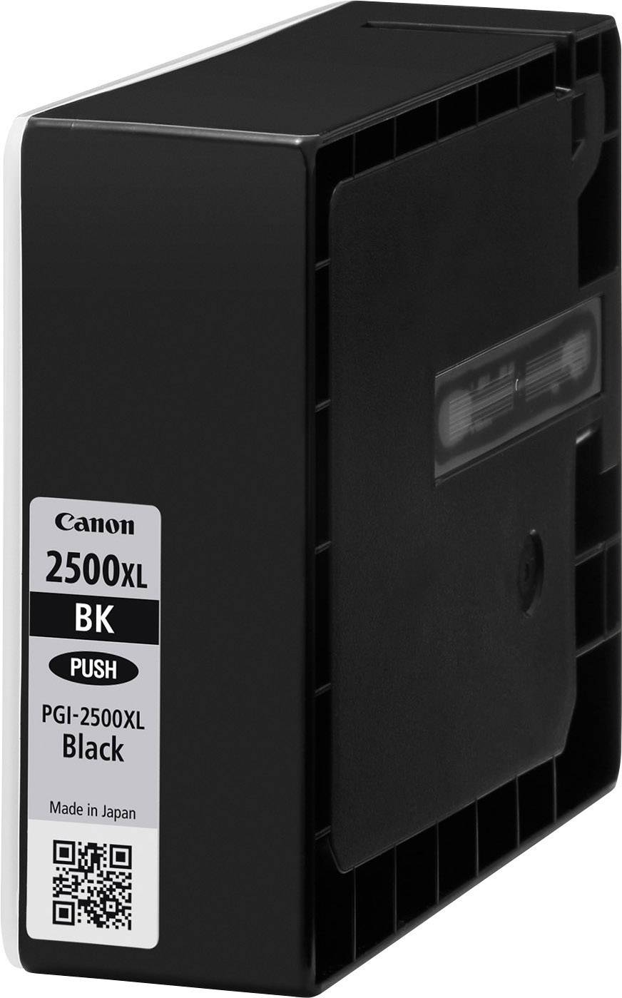 Eine schwarze Druckerpatrone der Marke Canon, Modell PGI-2500XL BK, mit QR-Code und 'Made in Japan' Aufdruck.