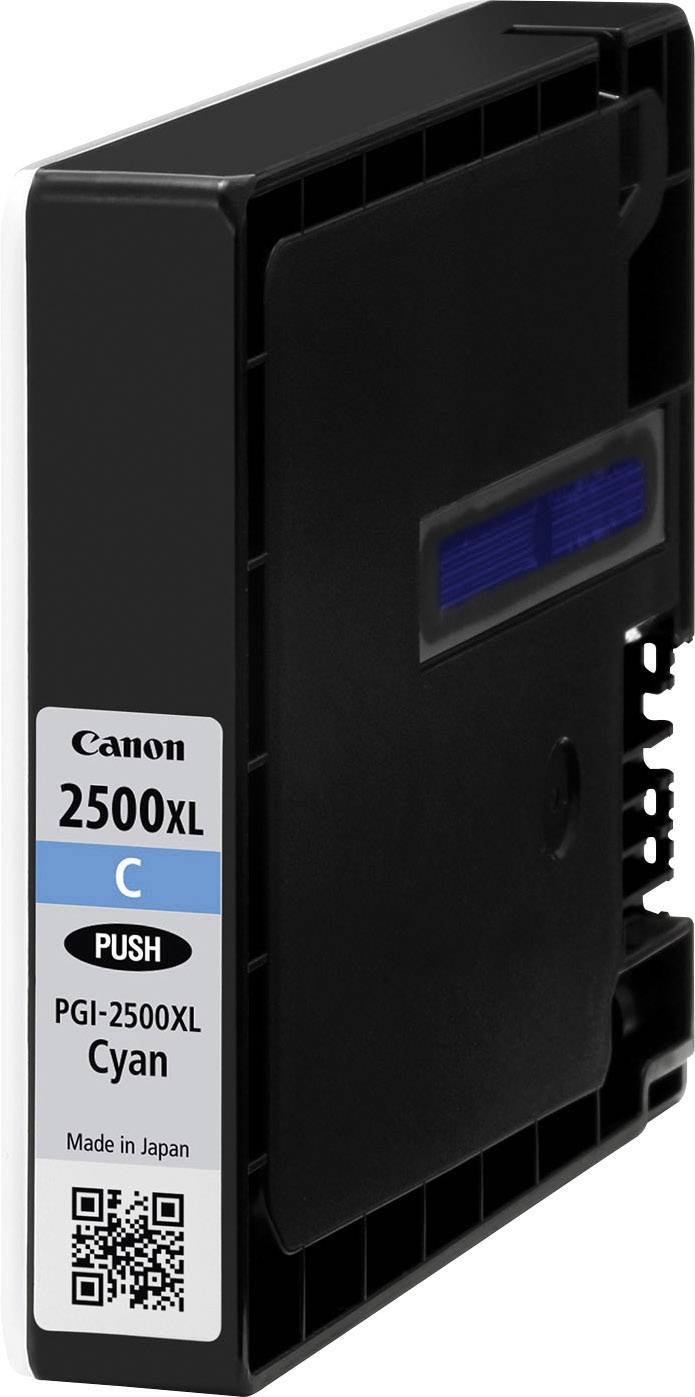 Canon 2500XL Druckerpatrone, Cyan, für Modelle wie PGI-2500XL. 'Made in Japan' aufgedruckt. Enthält QR-Code auf Etikett.