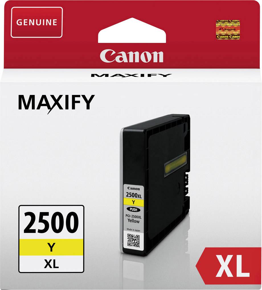 'Canon MAXIFY' gelbe Tintenpatrone PGI-2500XL, XL-Größe, authentisches Markenprodukt zeigt Verpackung und Patrone.