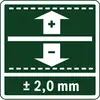 Symbol für Ebenheitstoleranz; zeigt zwei Pfeile mit '+' und '-' auf grünem Hintergrund. Die Toleranz beträgt ± 2,0 mm.