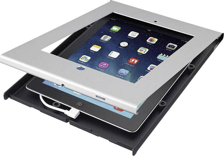 Ein silbernes Schutzgehäuse wird über einem Tablet-PC mit verschiedenen App-Symbolen auf dem Bildschirm platziert.