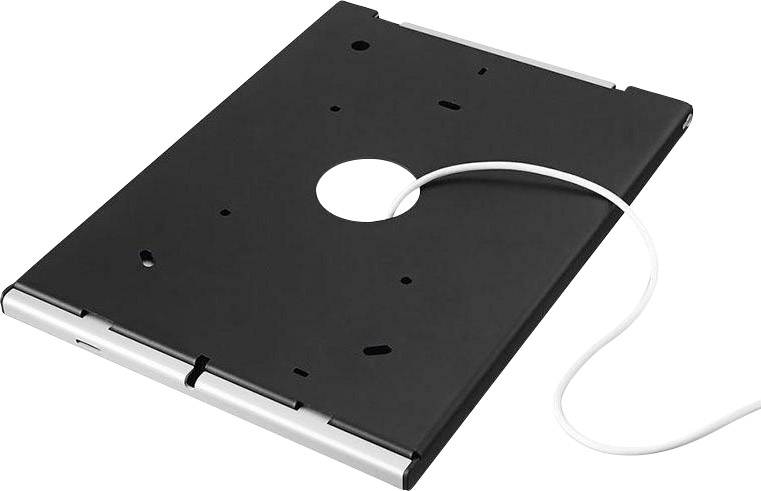 Eine schwarze rechteckige Halterung mit einem runden Loch in der Mitte und einem weißen Kabel, das durch das Loch verläuft.