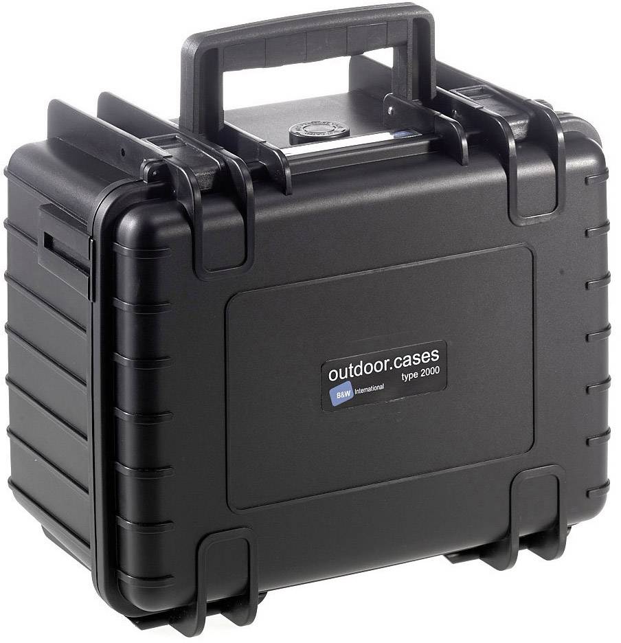 Ein schwarzer Schutzkoffer mit robustem Design und Griff, beschriftet mit 'outdoor.cases type 2000' auf der Vorderseite.
