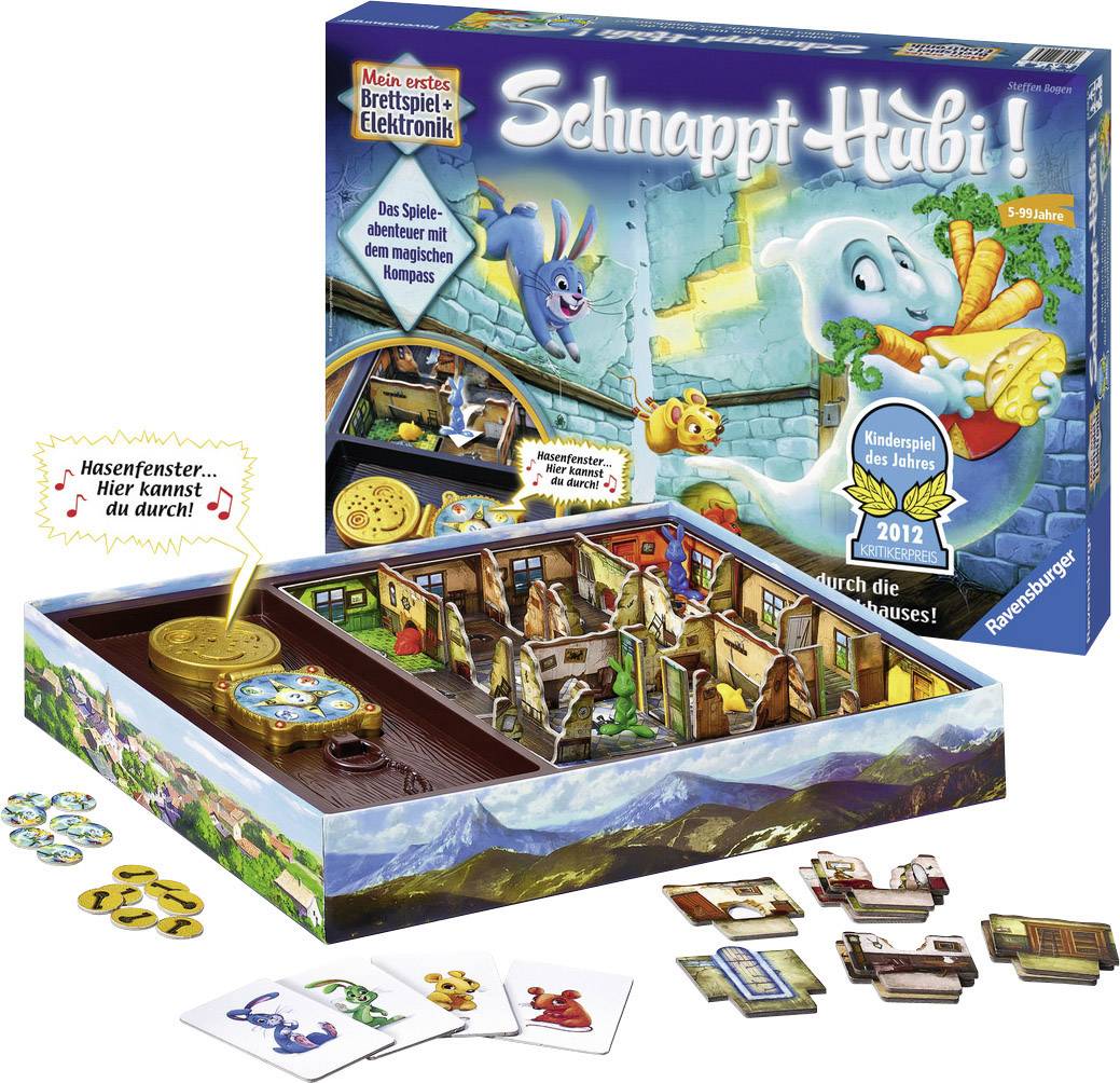 Brettspiel 'Schnappt Hubi!', bei dem Spieler ein Gespenst in einem magischen Haus fangen müssen. Empfohlen für Kinder.