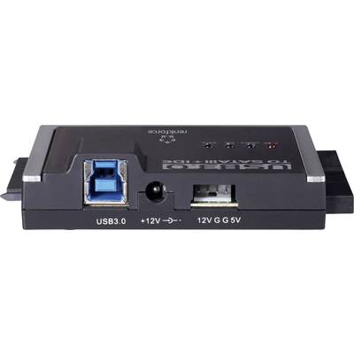 Ein USB-Adaptergerät verbindet SATA mit IDE, hat Anschlüsse für USB3.0, 12V-Stromversorgung und LED-Anzeigen für Betrieb und Funktion.