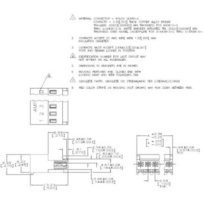 Technische Zeichnung eines elektrischen Steckverbinders. Enthält Maße, Materialangaben und Anschlussdetails. Markierungen für Montage und Passform.