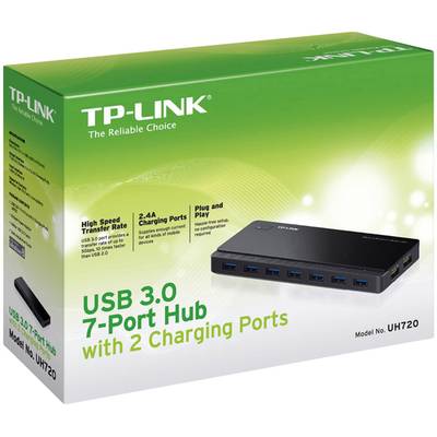 Verpackung eines TP-LINK USB 3.0 7-Port Hubs mit 2 Ladeanschlüssen. Features: Hohe Übertragungsrate, 2,4 A Ladeanschlüsse. Modell UH720.