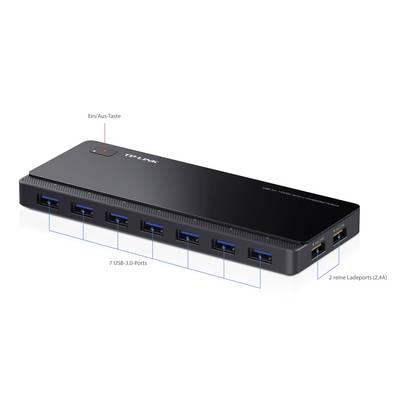 Ein USB-Hub mit sieben USB 3.0-Ports und zwei Ladeports (2,4A). Eine Ein/Aus-Taste befindet sich oben.