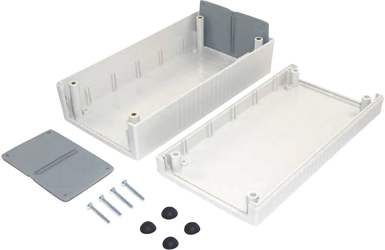 Gehäusebausatz aus Kunststoff in zwei Hälften mit Abdeckung, vier Schrauben und Gummifüßen. Ideal für elektronische Projekte.