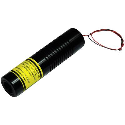 Zylindrischer Laser-Modul mit schwarzem Gehäuse, gelbem Warnhinweis und roten sowie schwarzen Drähten.