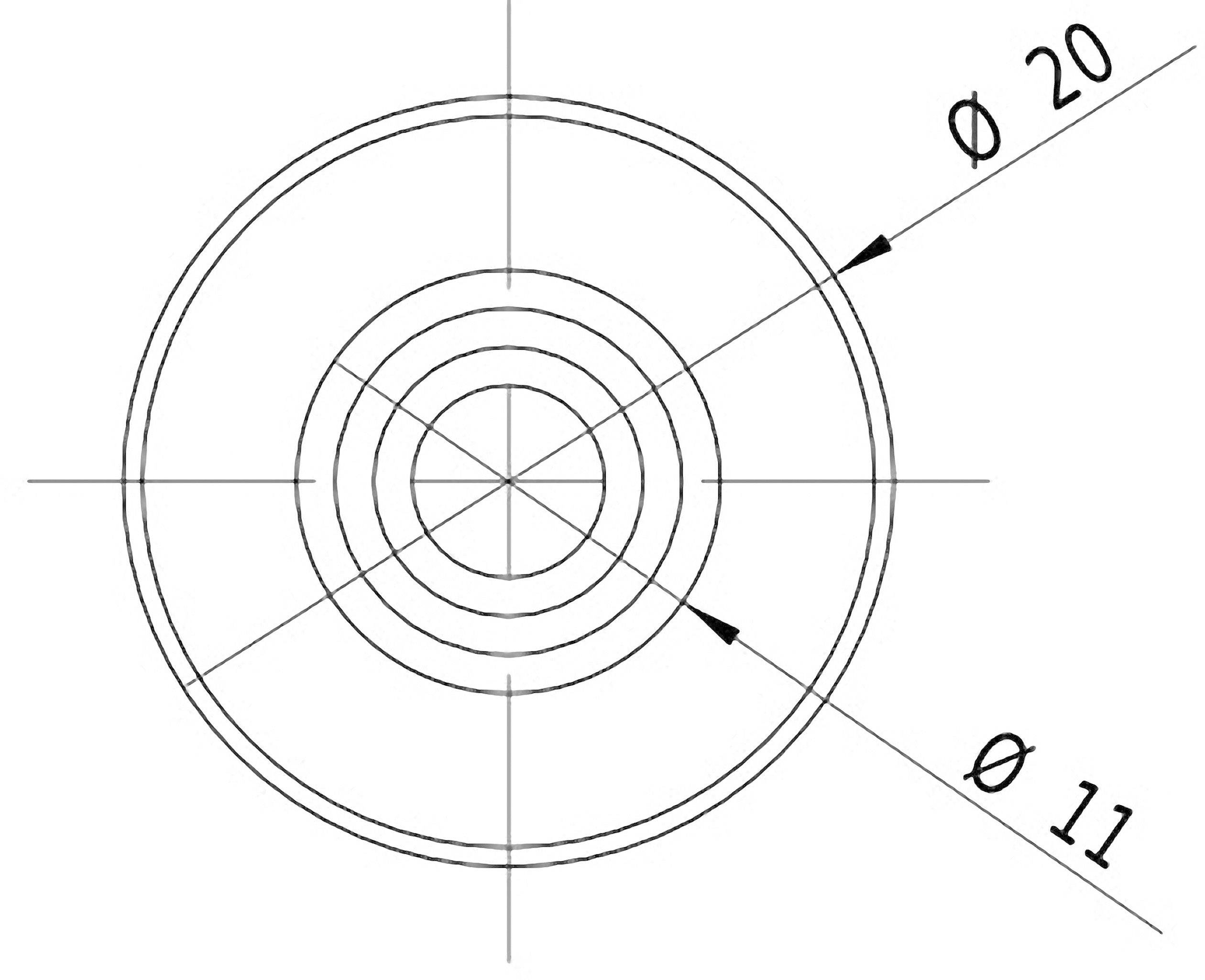 Schematische Zeichnung eines Kreises mit konzentrischen Kreisen. Außenradius Ø 20, Innenradius Ø 11, mit Maßlinien.