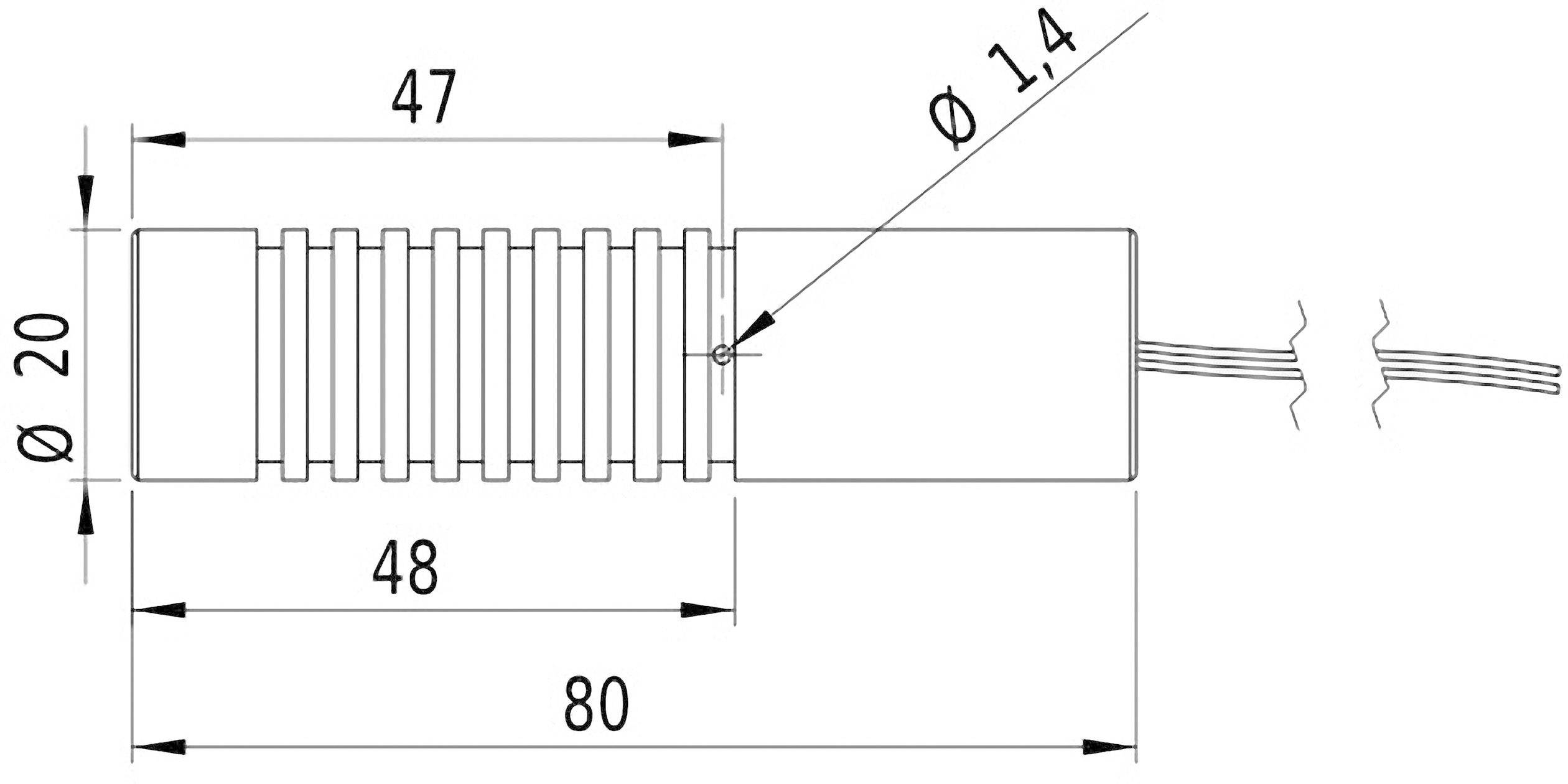 Technische Zeichnung eines zylindrischen Bauteils mit den Maßen: Länge 80 mm, Durchmesser 20 mm, Bohrung Ø 1,4 mm.