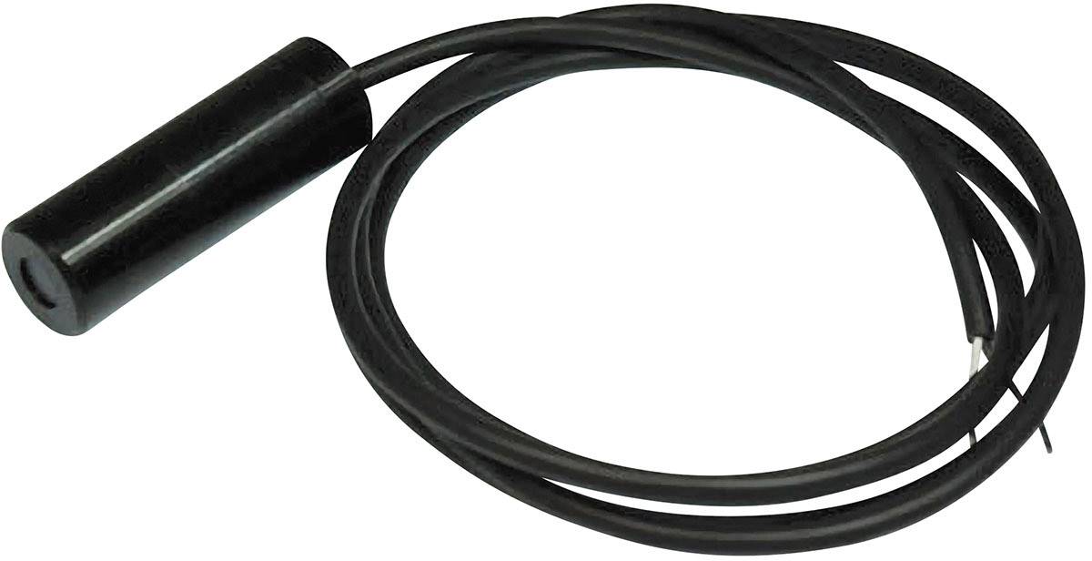 Ein schwarzer zylindrischer Sensor mit einem langen Kabel, geeignet für Temperaturmessungen oder ähnliche Anwendungen.