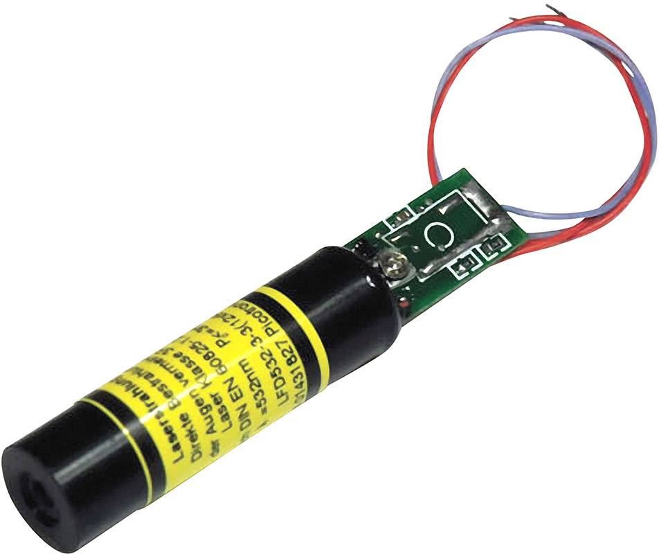 'Kleines, zylinderförmiges Lasermodul mit gelbem Warnhinweis und roten sowie blauen Drähten, die mit einer Schaltplatte verbunden sind.'