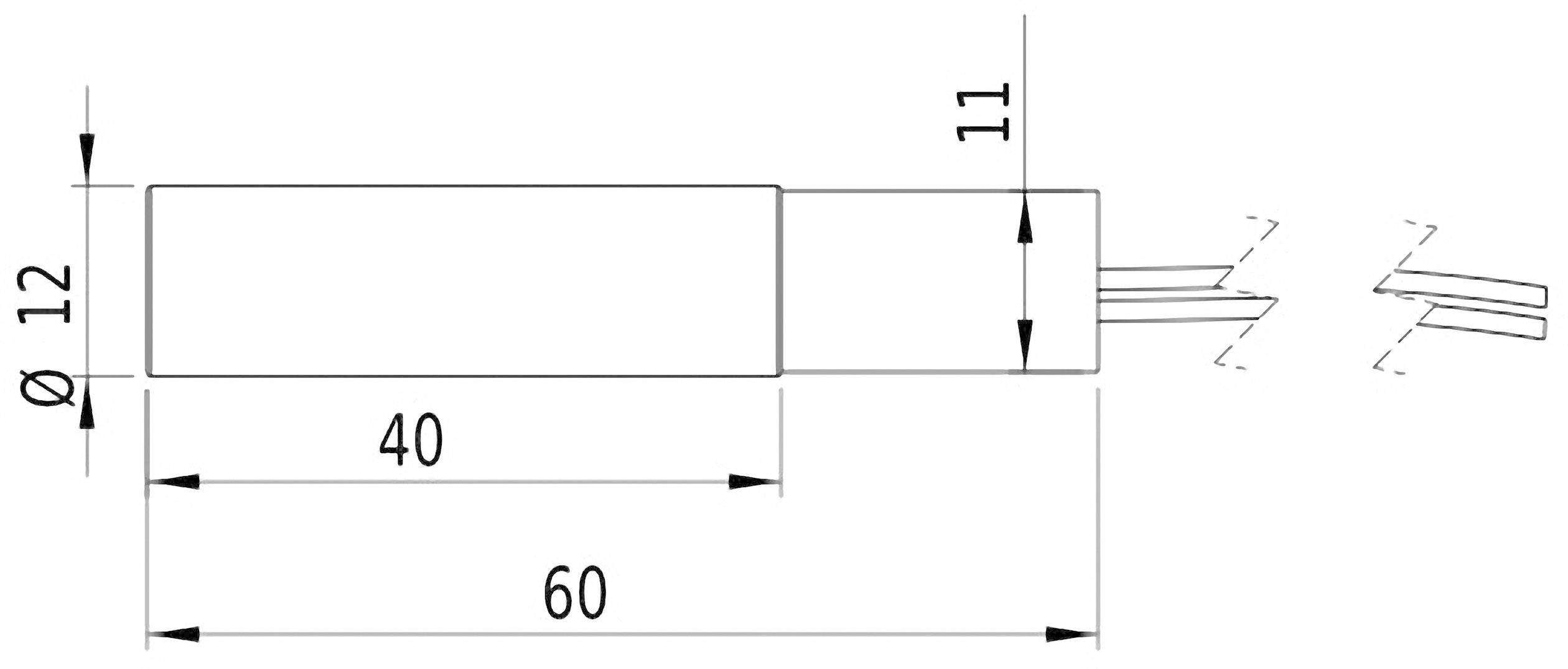 Technische Zeichnung eines zylindrischen Objekts. Gesamtlänge: 60 mm, Durchmesser: 12 mm, Abschnitt von 40 mm markiert, Kabelverbindungen rechts.