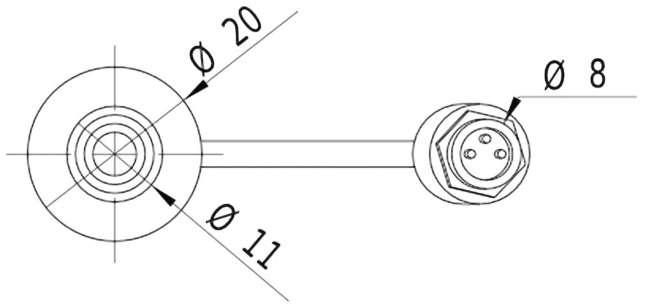 Technische Zeichnung eines Bolzens. Links ein Kreis mit Durchmesser 20 mm, rechts ein kleiner Kreis mit Durchmesser 8 mm. Mittig eine verbindende Linie.