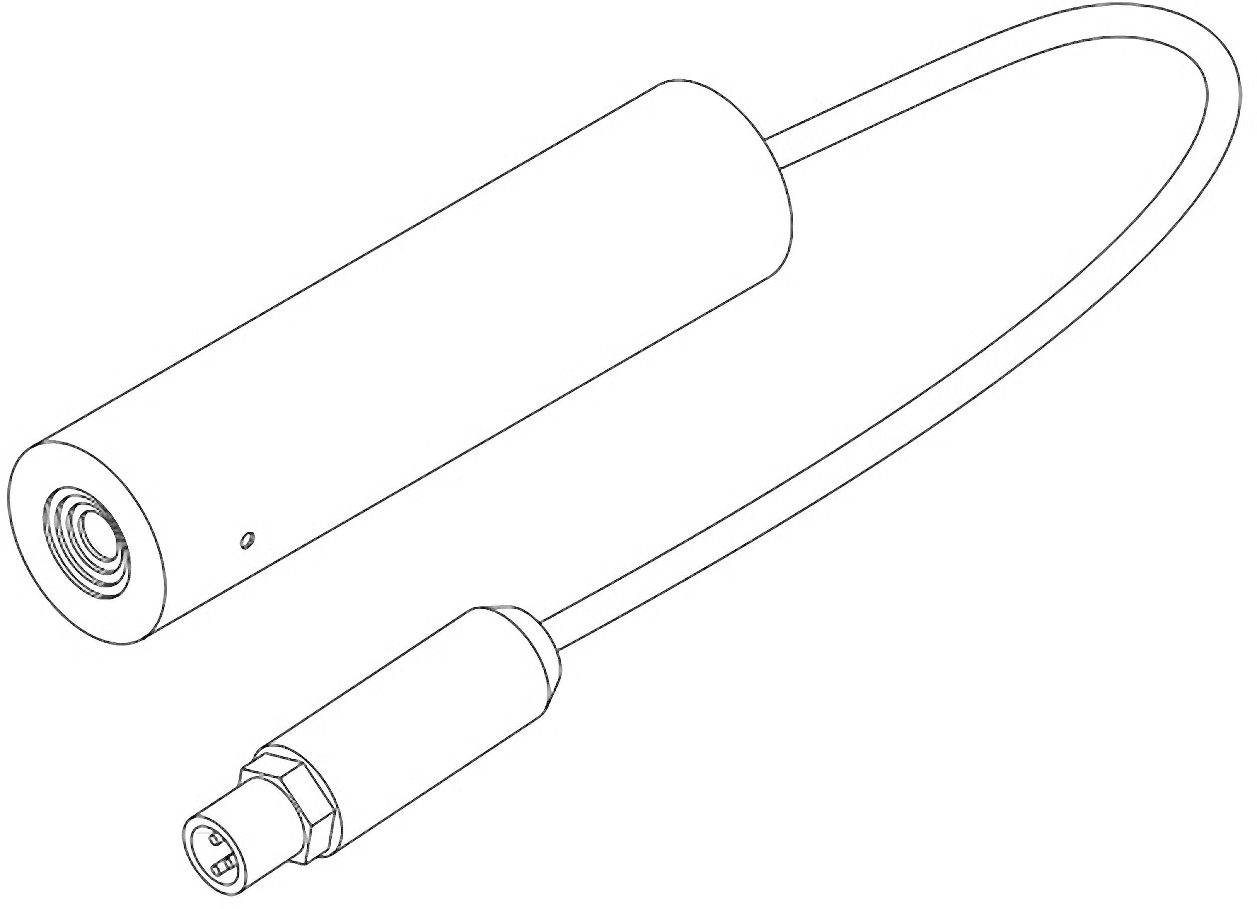 Schwarz-weiß Skizze eines zylindrischen Geräts mit Kabel und Stecker; möglicherweise ein Mikrofon oder Sensor.