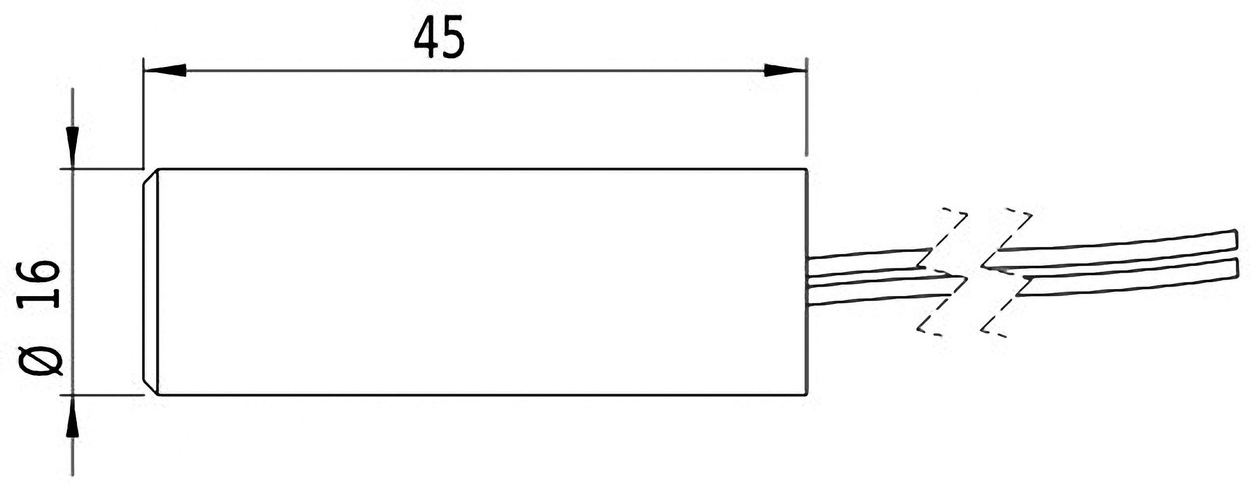 Technische Zeichnung eines zylindrischen Bauteils, 45 mm lang, 16 mm Durchmesser, Kabelverbindungen am rechten Ende dargestellt.