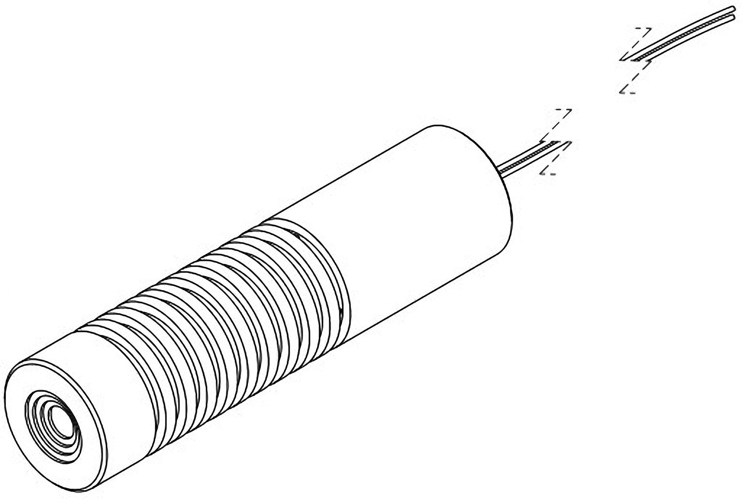 Zeichnung eines zylindrischen Lasers mit Kabel auf der rechten Seite, von vorne gesehen.