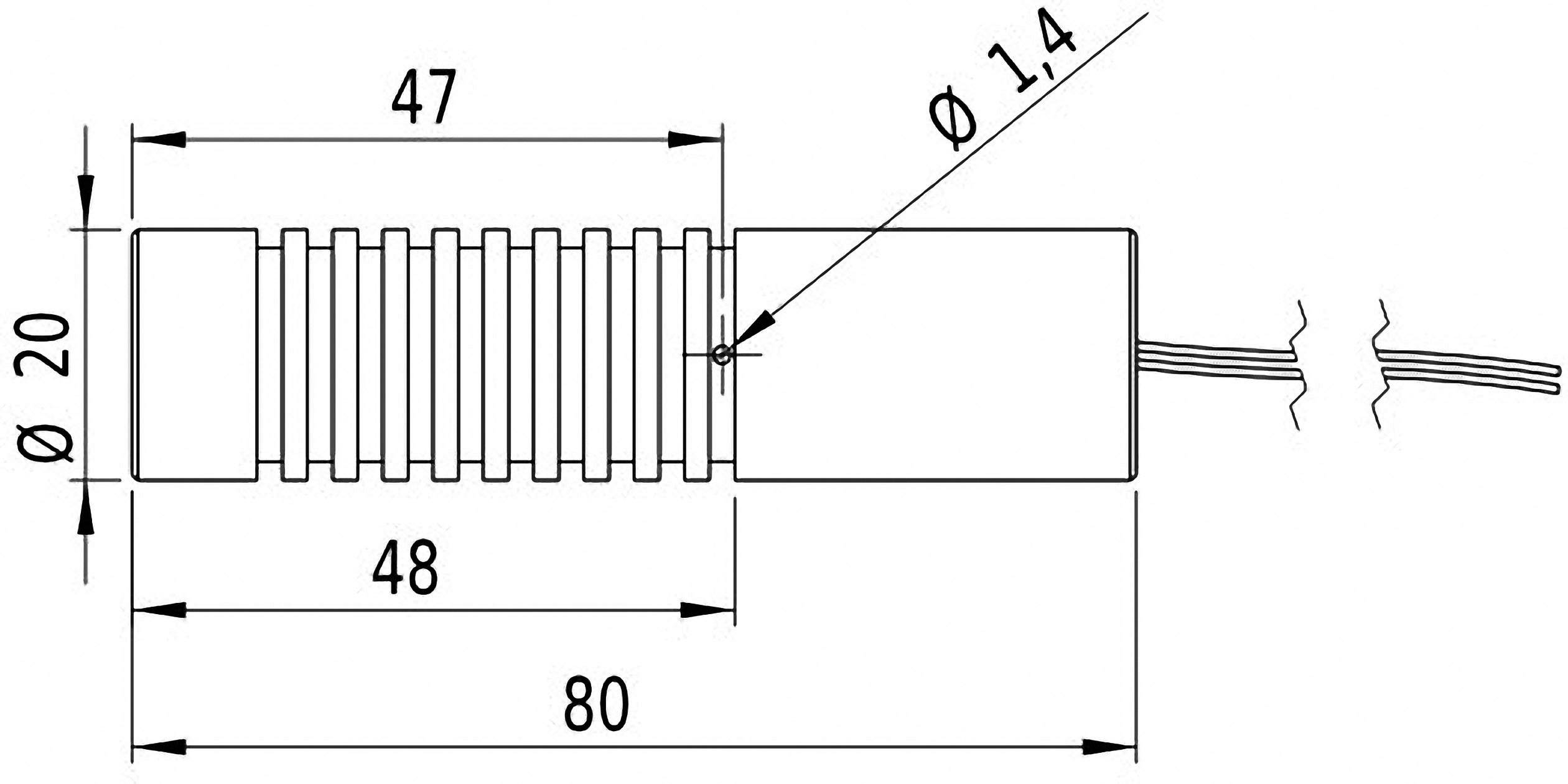 Technische Zeichnung eines zylindrischen Bauteils mit geriffelten Abschnitten. Maße: Gesamtlänge 80 mm, Durchmesser 20 mm.