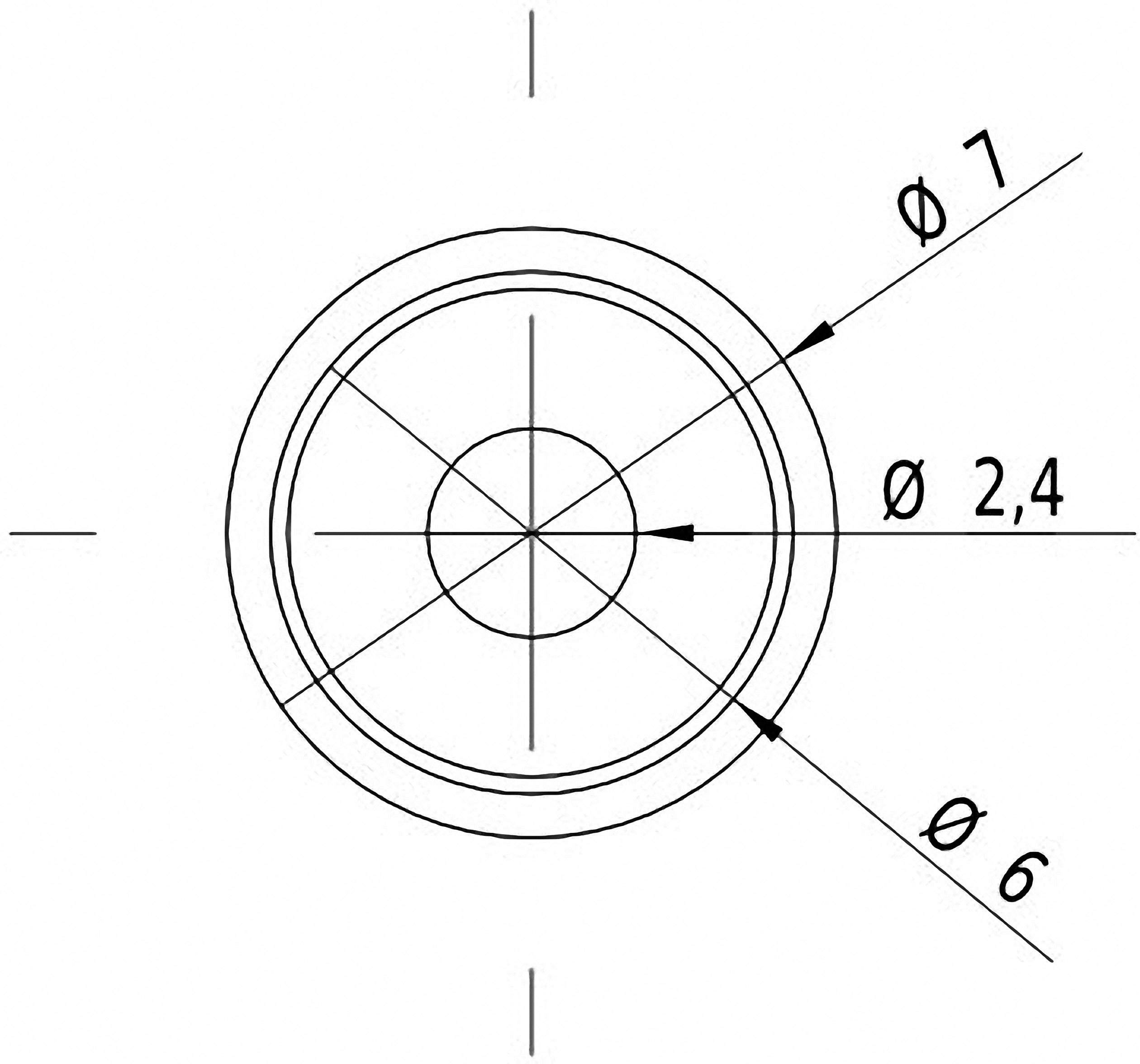 Technische Zeichnung eines Kreises mit drei konzentrischen Ringen. Beschriftet mit Durchmessern 'ø 7', 'ø 6' und 'ø 2,4'.