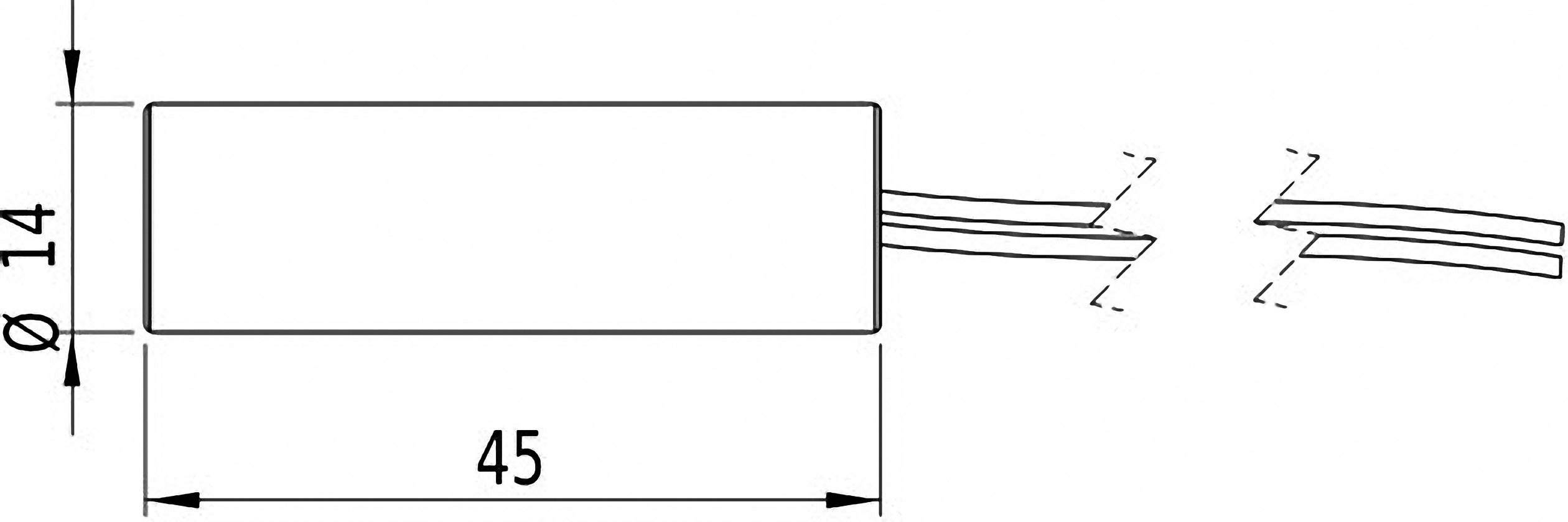 Diagramm einer rechteckigen Komponente mit Maßen: Länge 45 mm, Durchmesser 14 mm. Zwei Kabelstränge ragen rechts heraus.