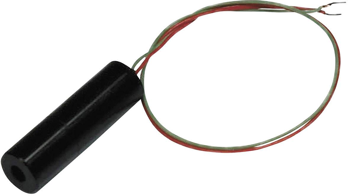 Schwarzer zylindrischer Sensor mit zwei farbigen Drähten (rot und grün) zur elektrischen Verbindung.