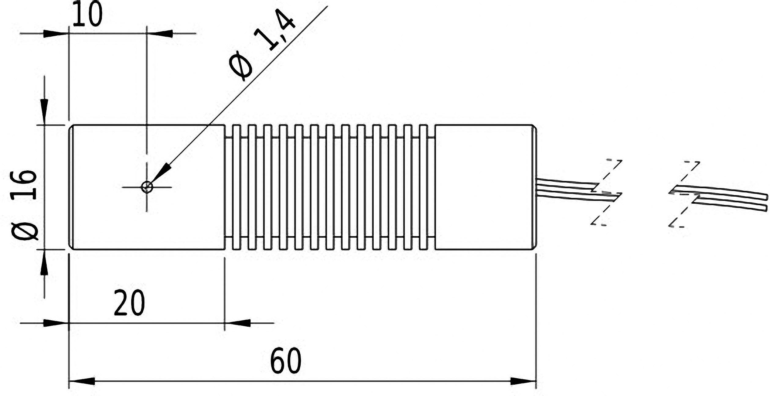 Technische Zeichnung eines zylindrischen Bauteils. Maße: Länge 60, Durchmesser 16. Loch mit Ø 1,4. Zeigt Maße und Kabelverbindung.