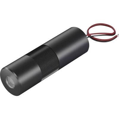 Schwarze zylindrische LED-Taschenlampe mit geriffeltem Griff, seitlich gesehen. Zwei Kabel sind am Ende befestigt.