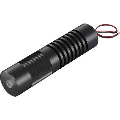 Schwarzes Laser-Modul in zylindrischer Form mit Kühlrippen und roten Anschlusskabeln, verwendet in technischen Anwendungen.