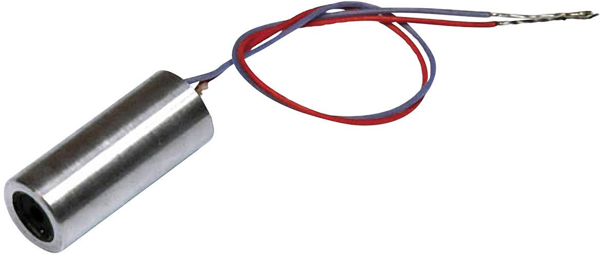 Zylindrische Metallspule mit roten und blauen Drähten, wahrscheinlich ein Elektromagnet oder ein ähnliches Bauteil.