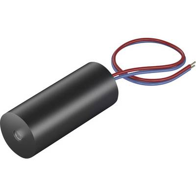 Ein zylinderförmiger elektrischer Kondensator mit roten und blauen Kabeln.