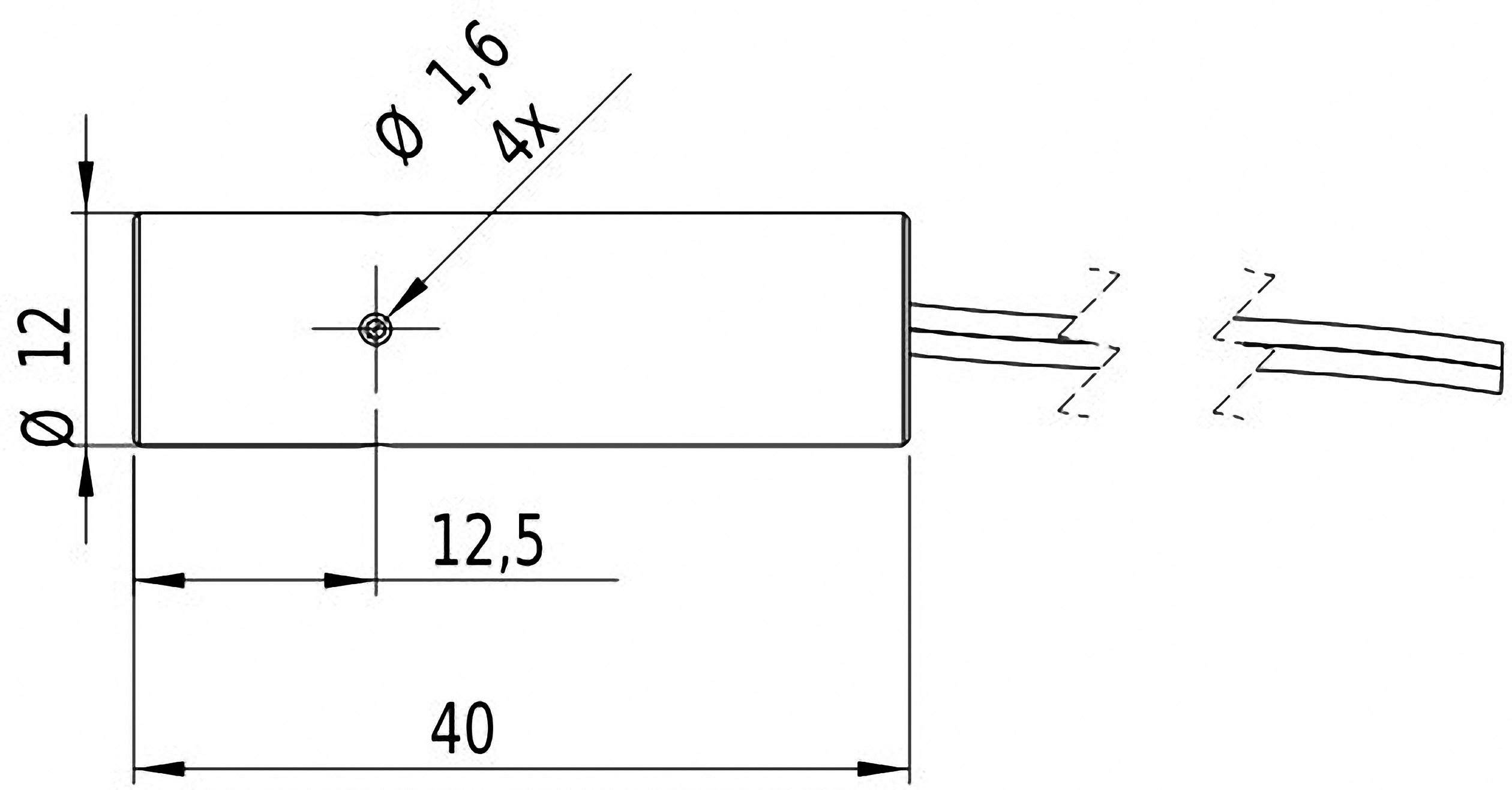 Diagramm eines zylindrischen Objekts mit einem Durchmesser von 12 und einer Länge von 40. Zwei Kabel ragen heraus. Lochdurchmesser 1,6, viermal vorhanden.