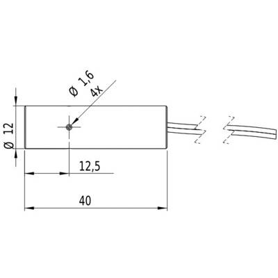 Diagramm eines zylindrischen Objekts mit einem Durchmesser von 12 und einer Länge von 40. Zwei Kabel ragen heraus. Lochdurchmesser 1,6, viermal vorhanden.