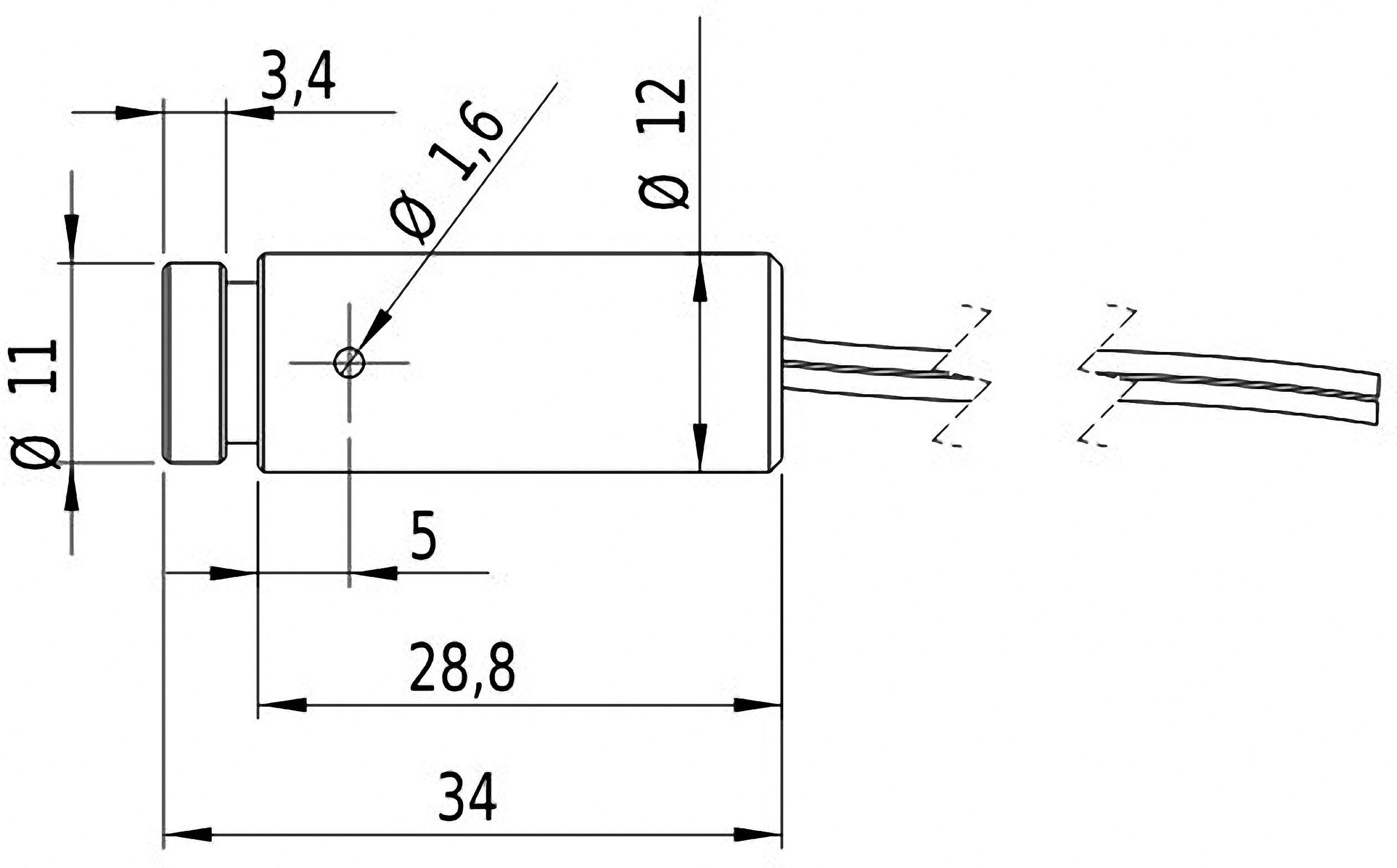 Maßzeichnung eines zylindrischen Objekts mit Anschlüssen. Länge: 34 mm, Durchmesser: 11 mm. Zeichnet genaue Abstände und Größen.