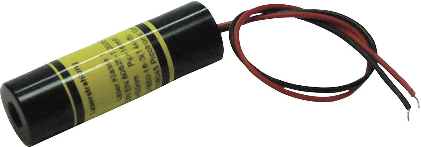 Ein kleiner zylindrischer Laser mit gelbem Etikett, zwei Kabel ragen heraus: ein rotes und ein schwarzes.