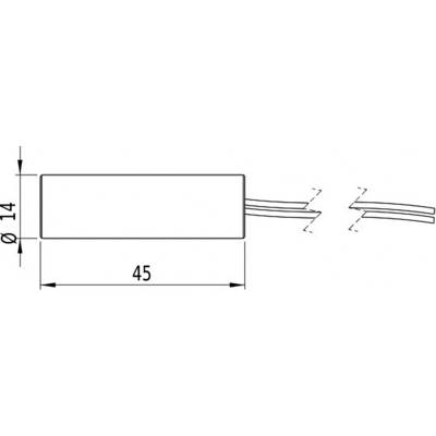 Diagramm eines zylindrischen Bauteils mit einem Durchmesser von 14 mm und einer Länge von 45 mm, Kabel ragen heraus.
