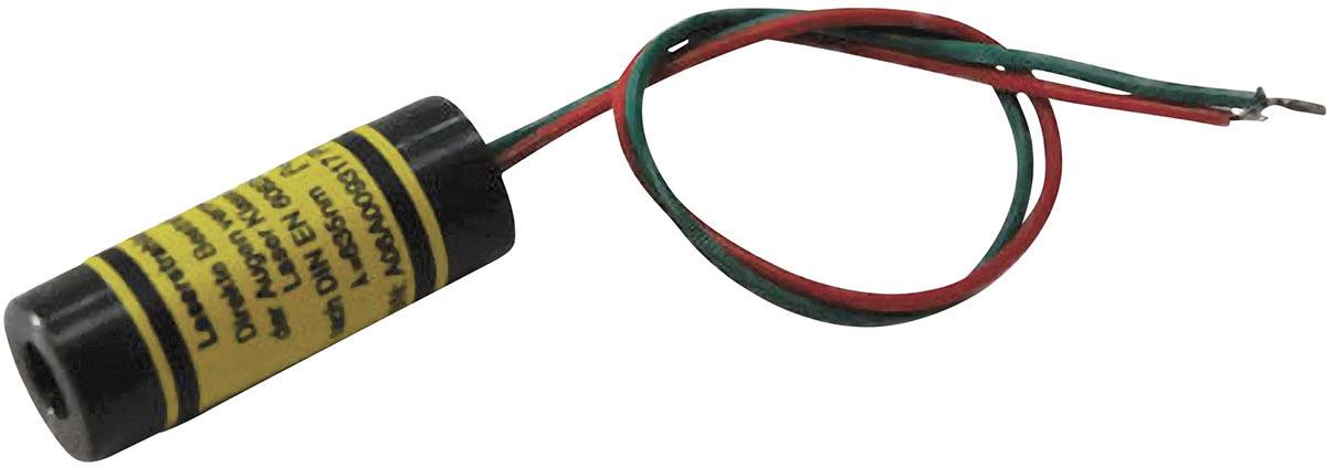 Kleiner zylindrischer Laser mit gelbem Etikett und zwei herausragenden Kabeln, rot und grün.